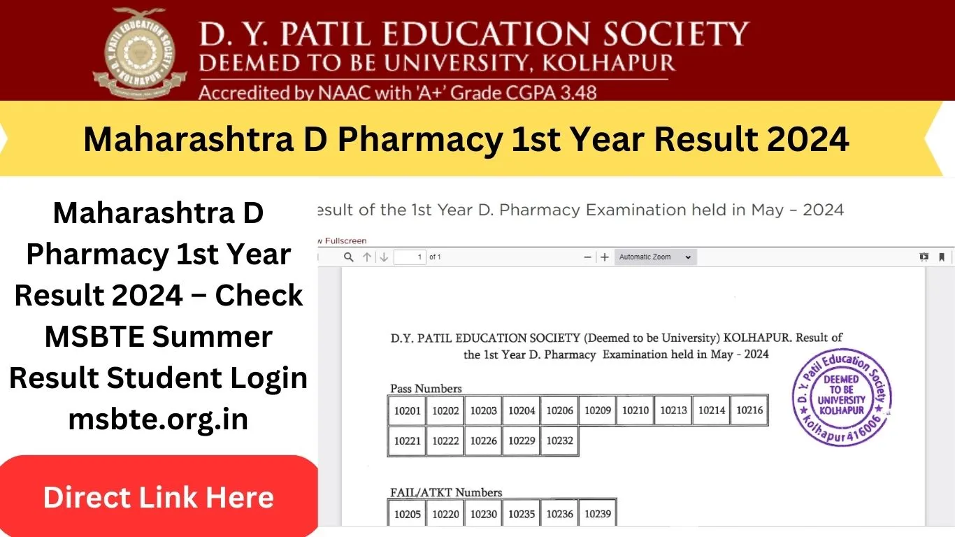 Maharashtra D Pharmacy 1st Year Result 2024 – Check MSBTE Summer Result Student Login msbte.org.in