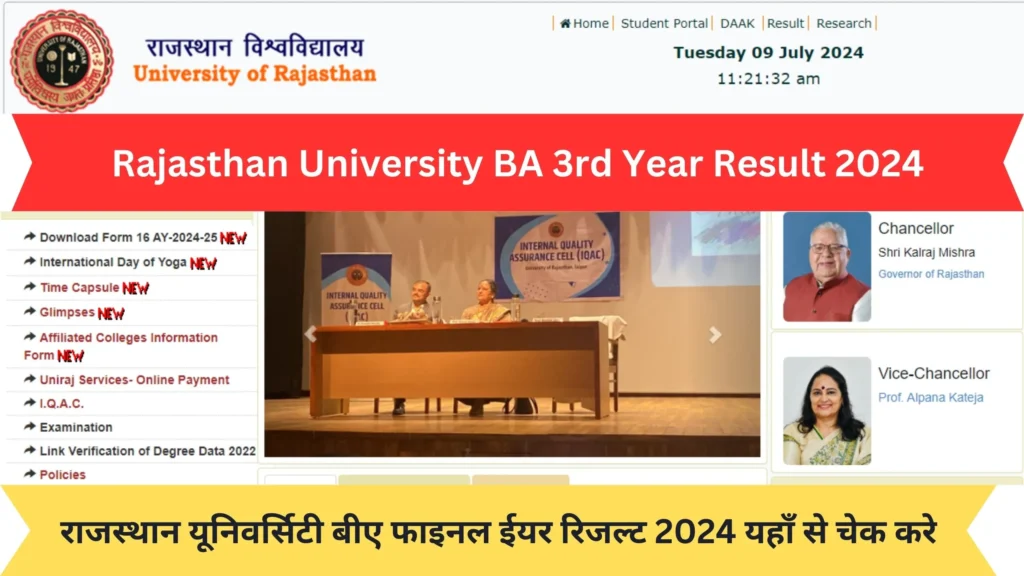 Rajasthan University BA 3rd Year Result 2024